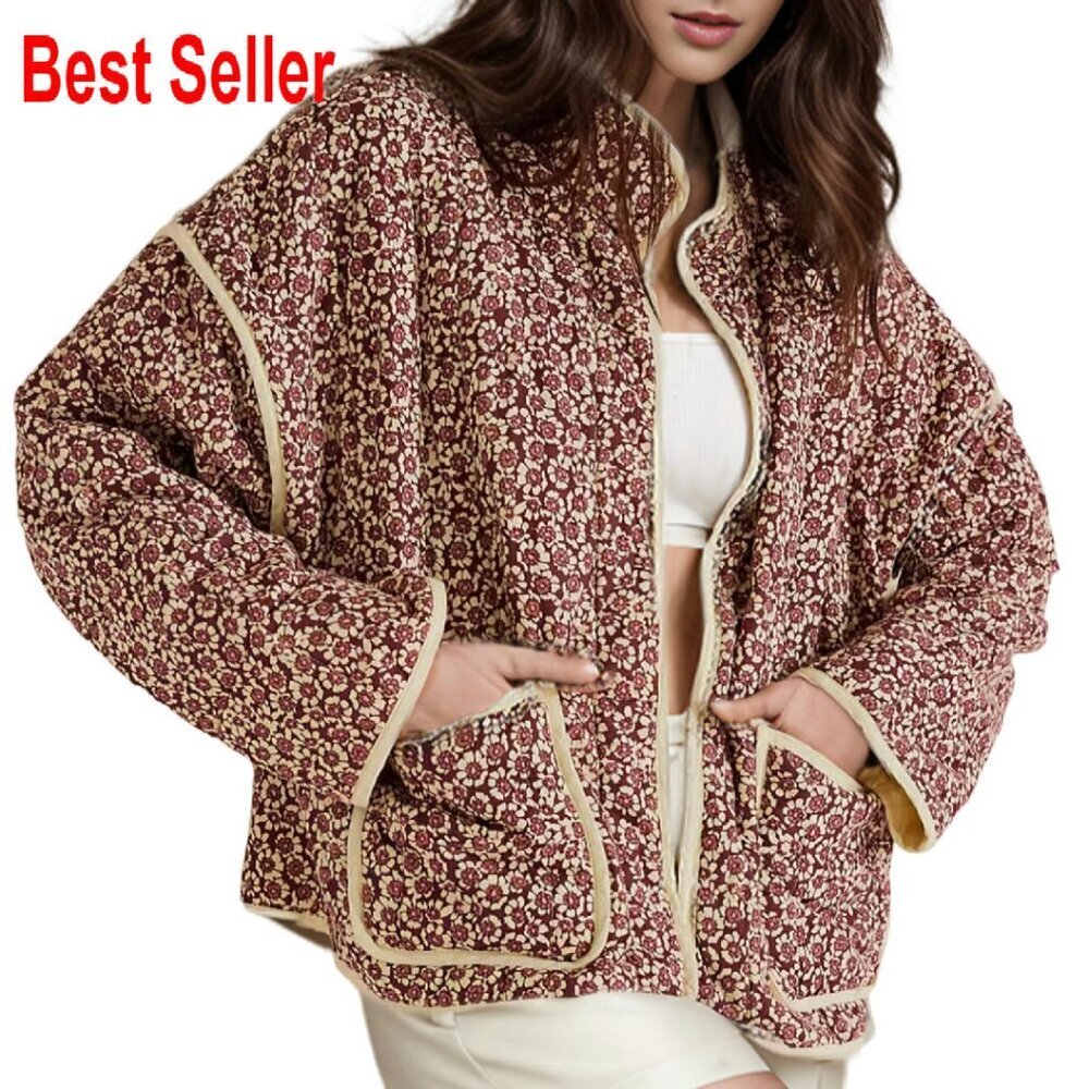 Cropped Puffer Quilted Jacket Vintage Floral Print Open Front Lightweight Y2K